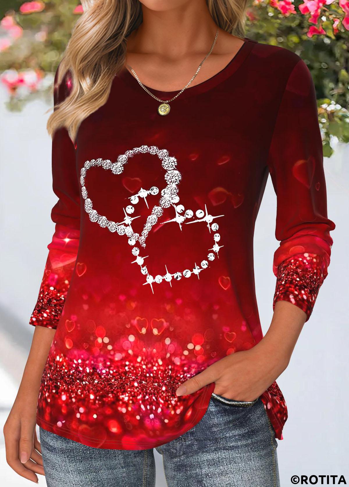 T-shirt col rond rouge foncé à imprimé coeur Rotita