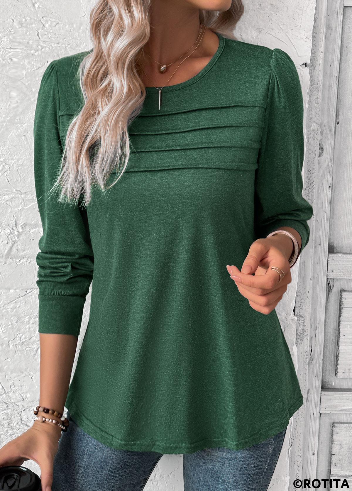 Rotita – Grünes T-Shirt mit langen Ärmeln und Rundhalsausschnitt
