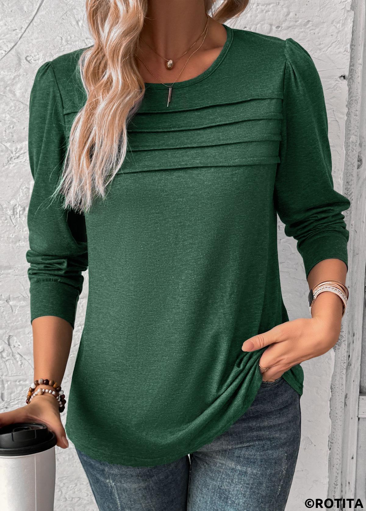 Rotita – Grünes T-Shirt mit langen Ärmeln und Rundhalsausschnitt