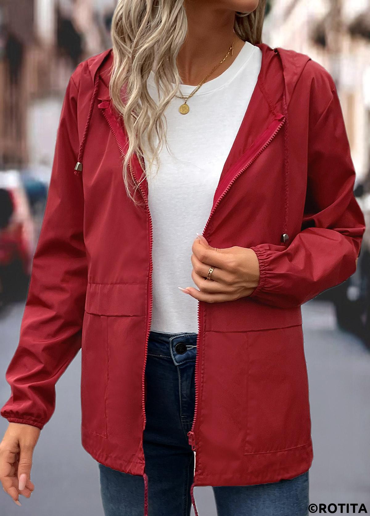 Wine Red tops,Plain Color tops,Drawstring Wine Red Hooded Long Sleeve Coat