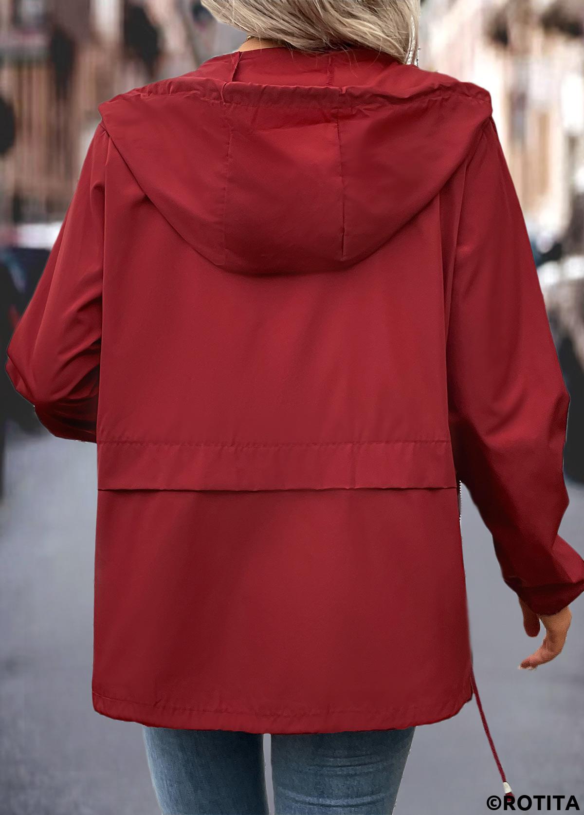 Wine Red tops,Plain Color tops,Drawstring Wine Red Hooded Long Sleeve Coat