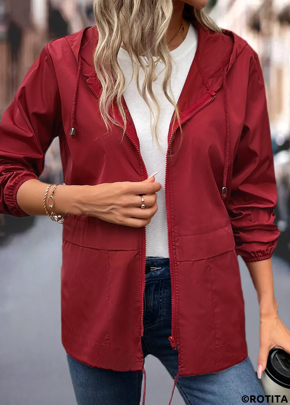 Wine Red tops,Plain Color tops,Drawstring Wine Red Hooded Long Sleeve Coat