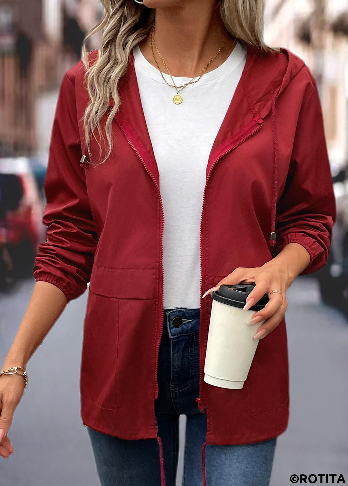 Wine Red tops,Plain Color tops,Drawstring Wine Red Hooded Long Sleeve Coat