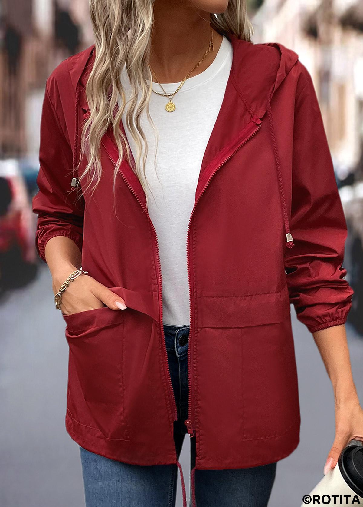Wine Red tops,Plain Color tops,Drawstring Wine Red Hooded Long Sleeve Coat