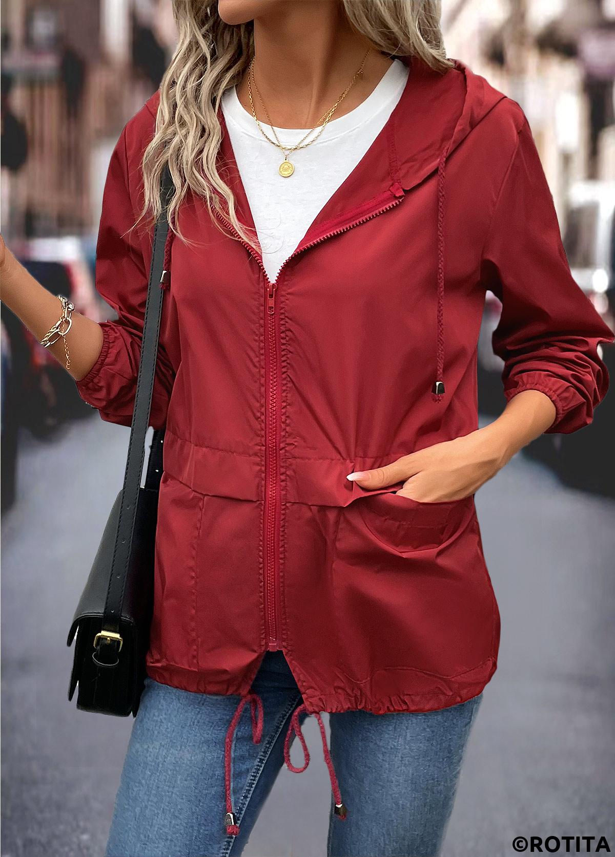Wine Red tops,Plain Color tops,Drawstring Wine Red Hooded Long Sleeve Coat