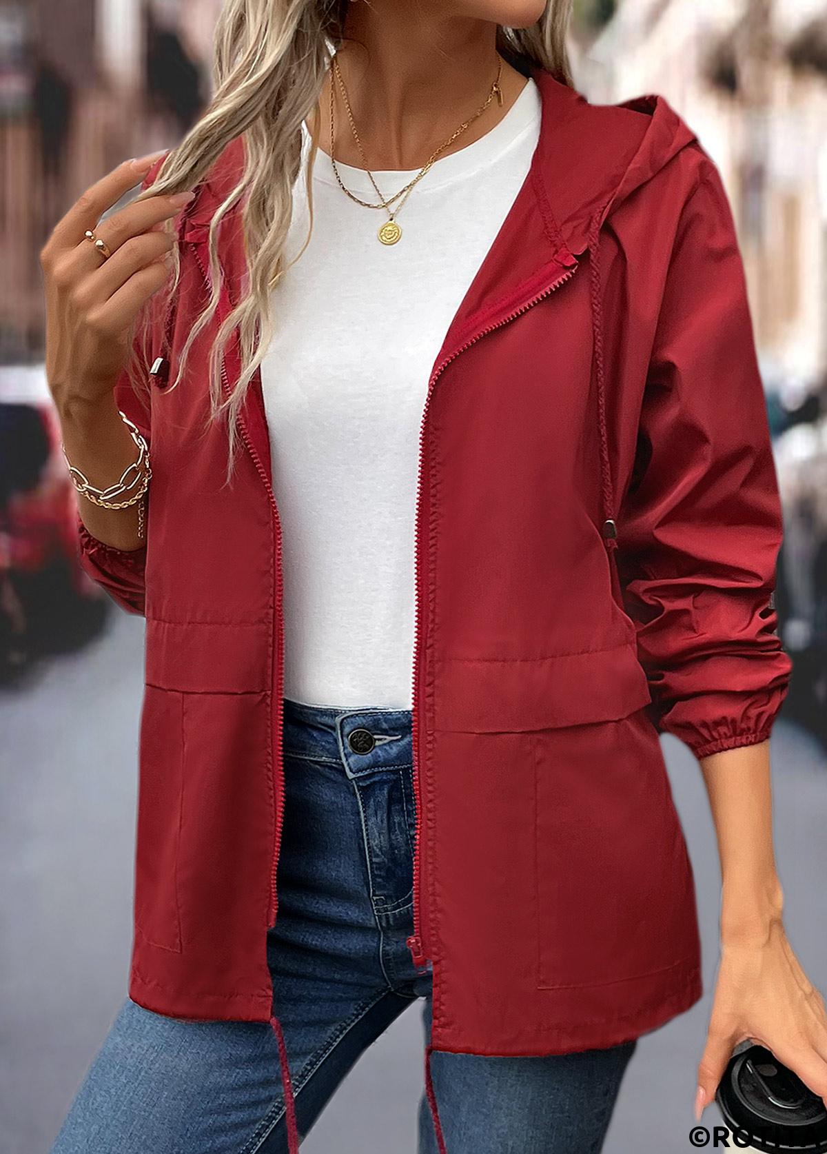 Wine Red tops,Plain Color tops,Drawstring Wine Red Hooded Long Sleeve Coat