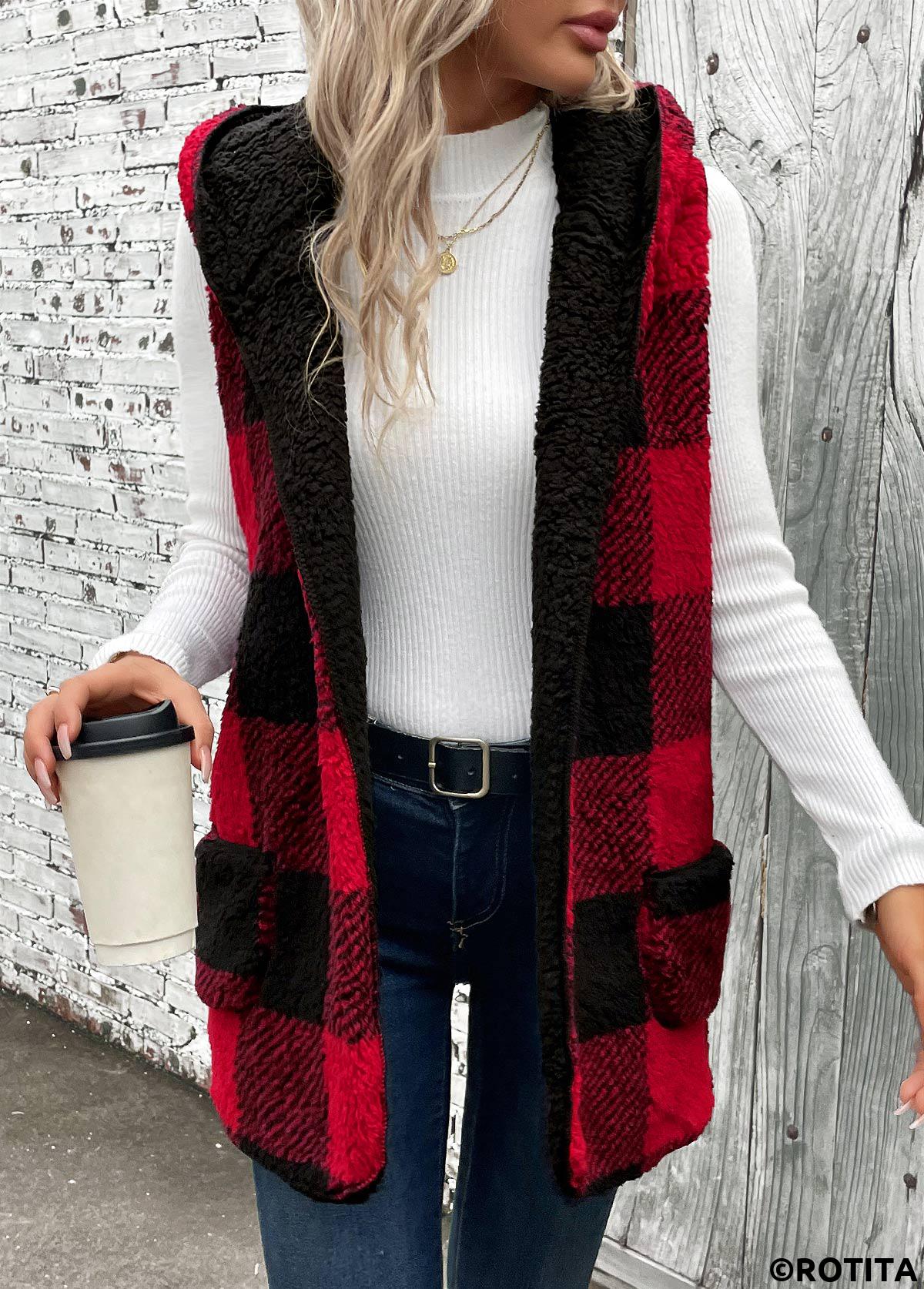Red tops,Plaid tops,Patchwork Plaid Red Hooded Sleeveless Waistcoat