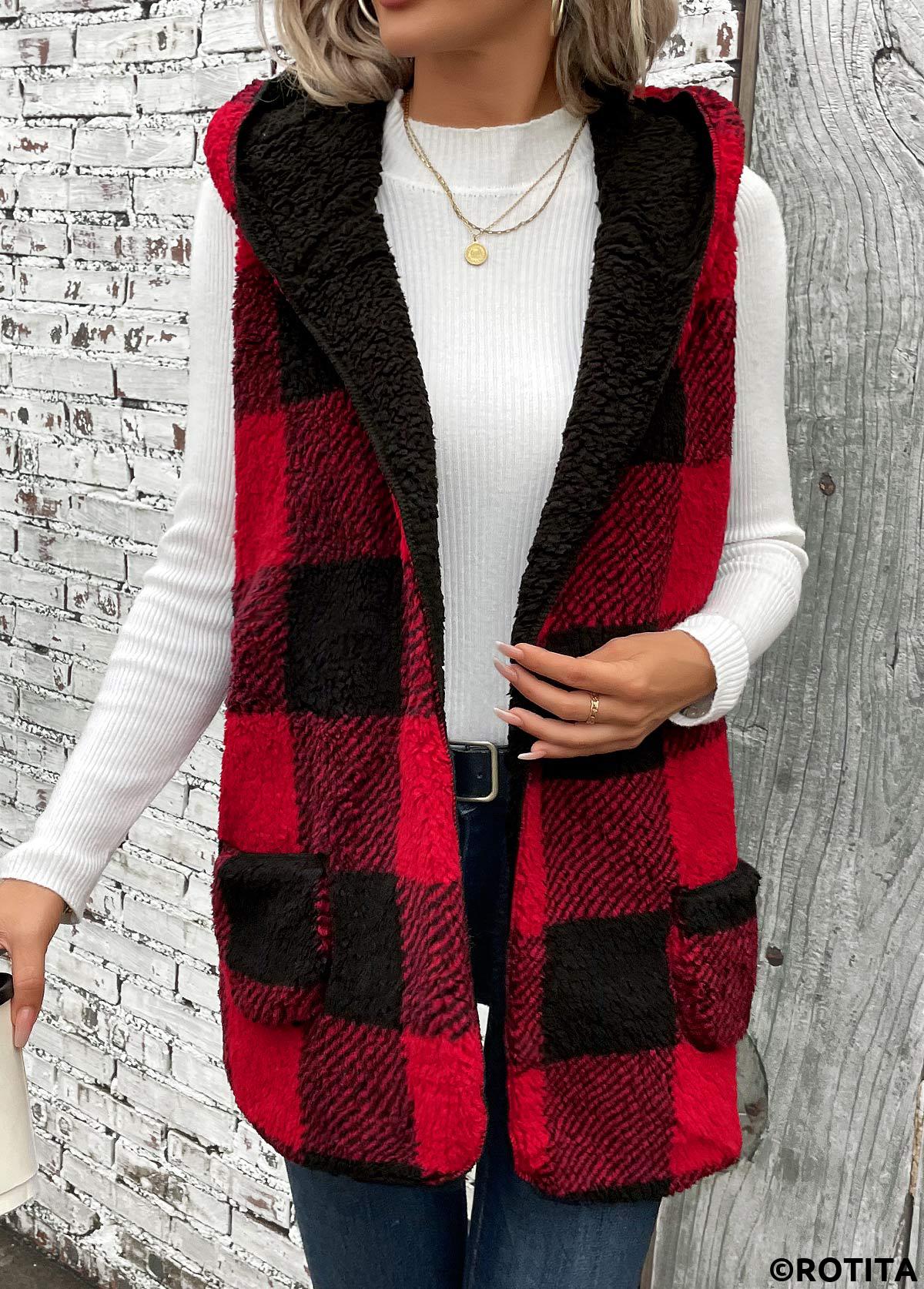 Red tops,Plaid tops,Patchwork Plaid Red Hooded Sleeveless Waistcoat