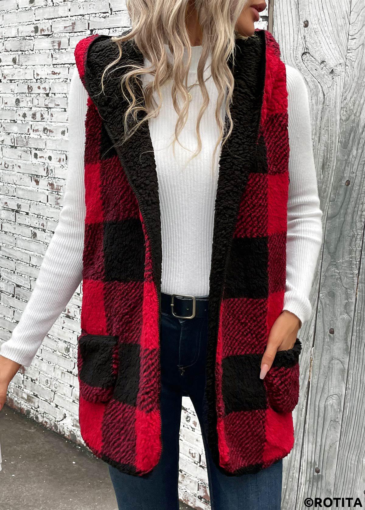 Red tops,Plaid tops,Patchwork Plaid Red Hooded Sleeveless Waistcoat