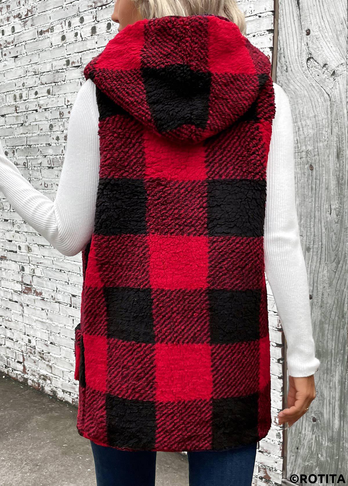 Red tops,Plaid tops,Patchwork Plaid Red Hooded Sleeveless Waistcoat