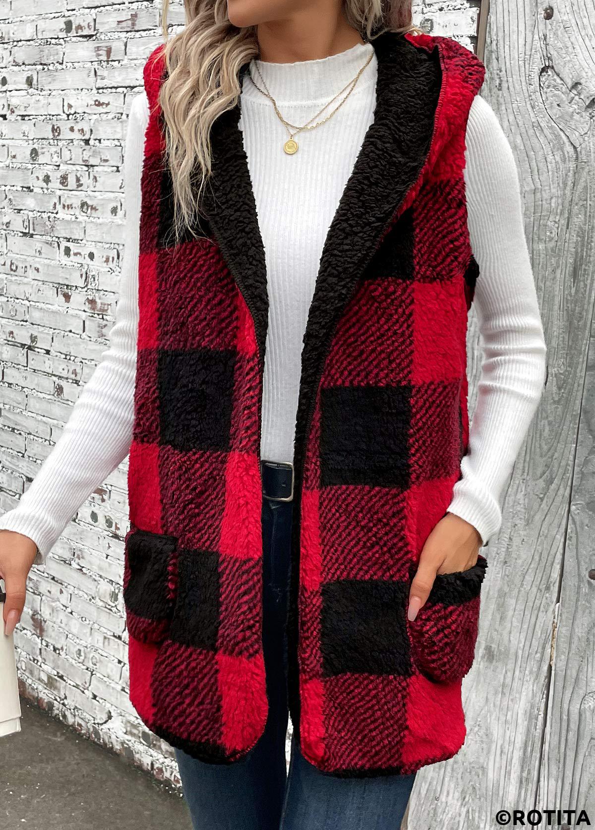 Red tops,Plaid tops,Patchwork Plaid Red Hooded Sleeveless Waistcoat