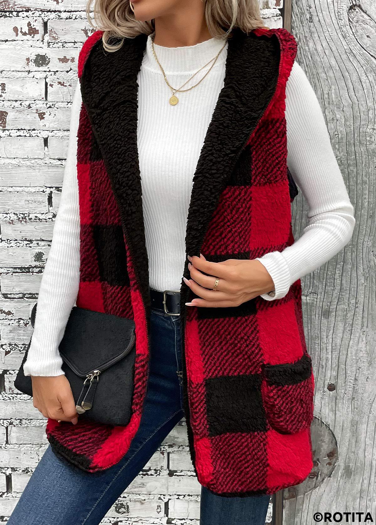 Red tops,Plaid tops,Patchwork Plaid Red Hooded Sleeveless Waistcoat