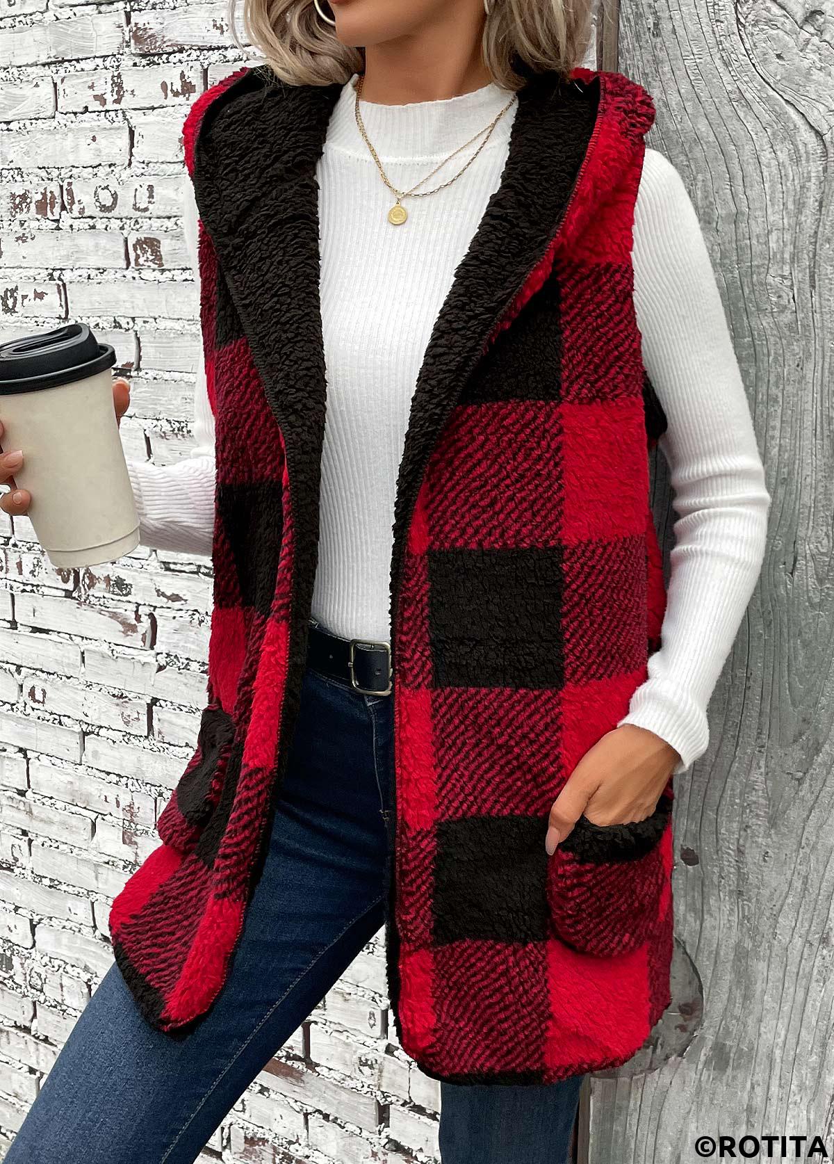 Red tops,Plaid tops,Patchwork Plaid Red Hooded Sleeveless Waistcoat