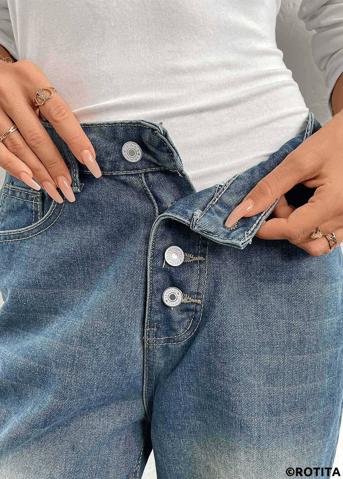 Denim Blue bottoms,Plain Color bottoms,Button Denim Blue Straight Leg High Waisted Jeans