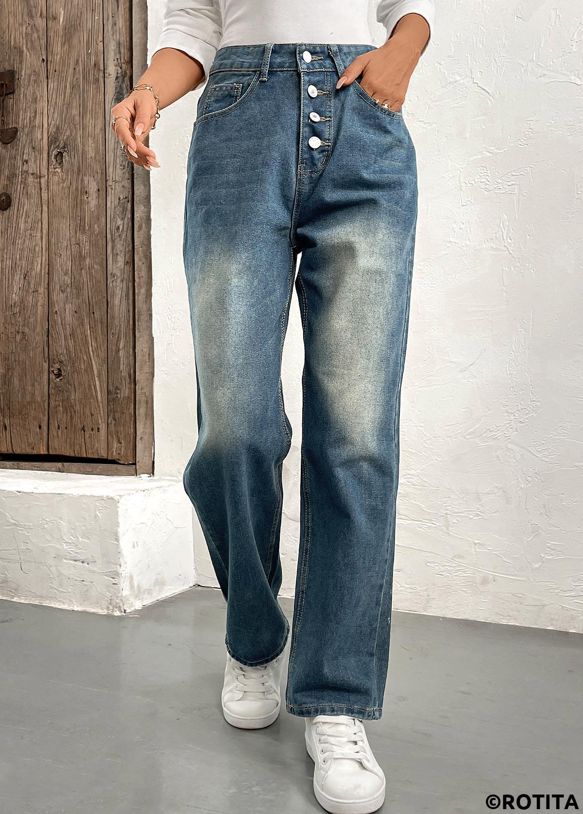 Denim Blue bottoms,Plain Color bottoms,Button Denim Blue Straight Leg High Waisted Jeans