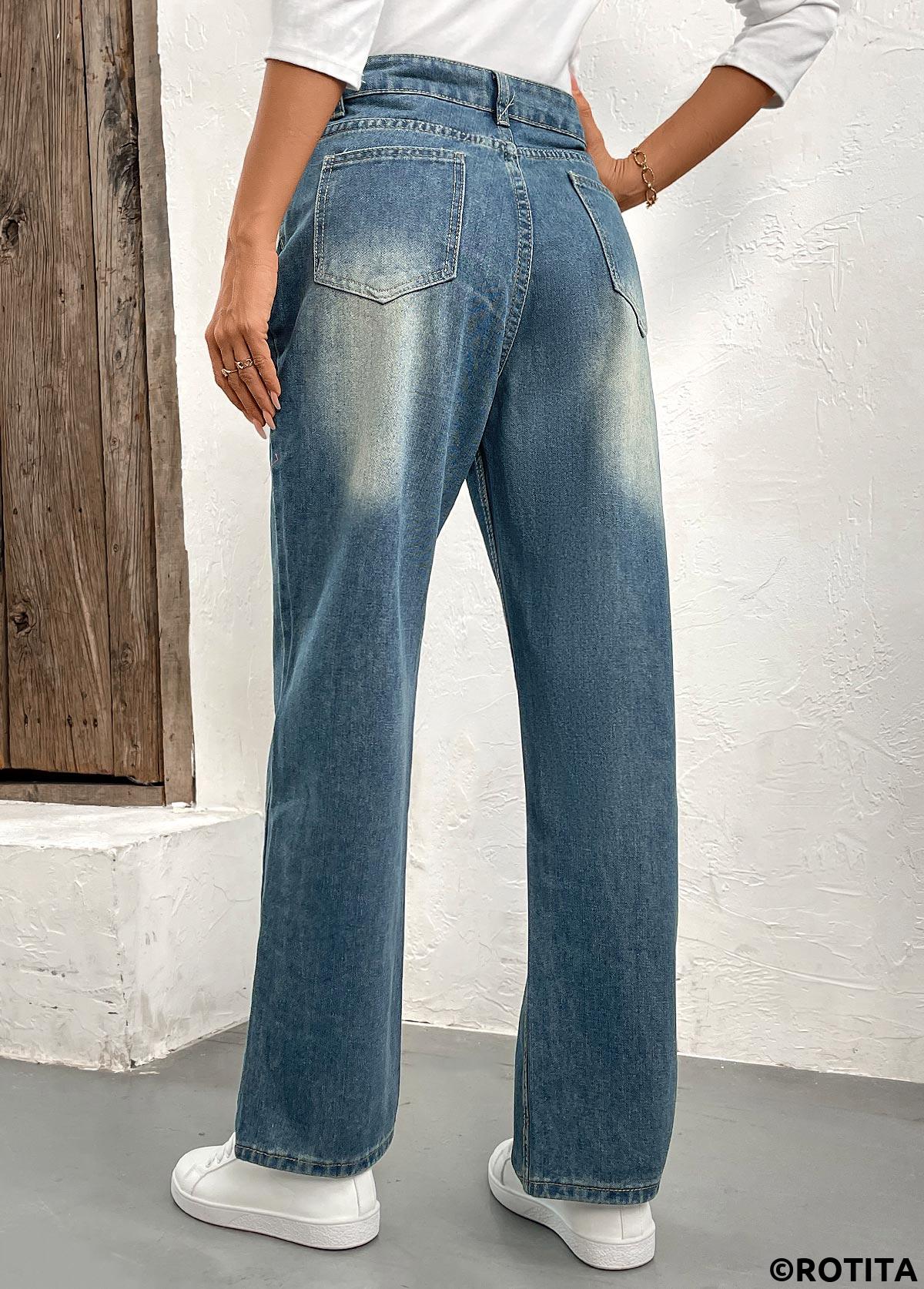 Denim Blue bottoms,Plain Color bottoms,Button Denim Blue Straight Leg High Waisted Jeans