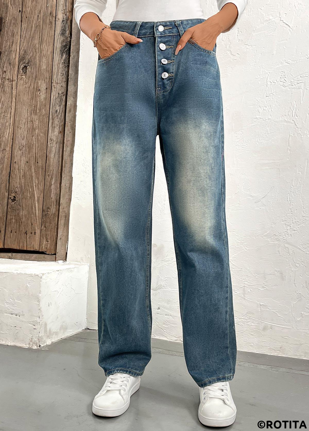 Denim Blue bottoms,Plain Color bottoms,Button Denim Blue Straight Leg High Waisted Jeans