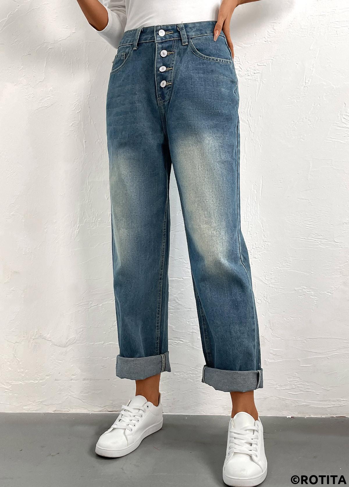 Denim Blue bottoms,Plain Color bottoms,Button Denim Blue Straight Leg High Waisted Jeans