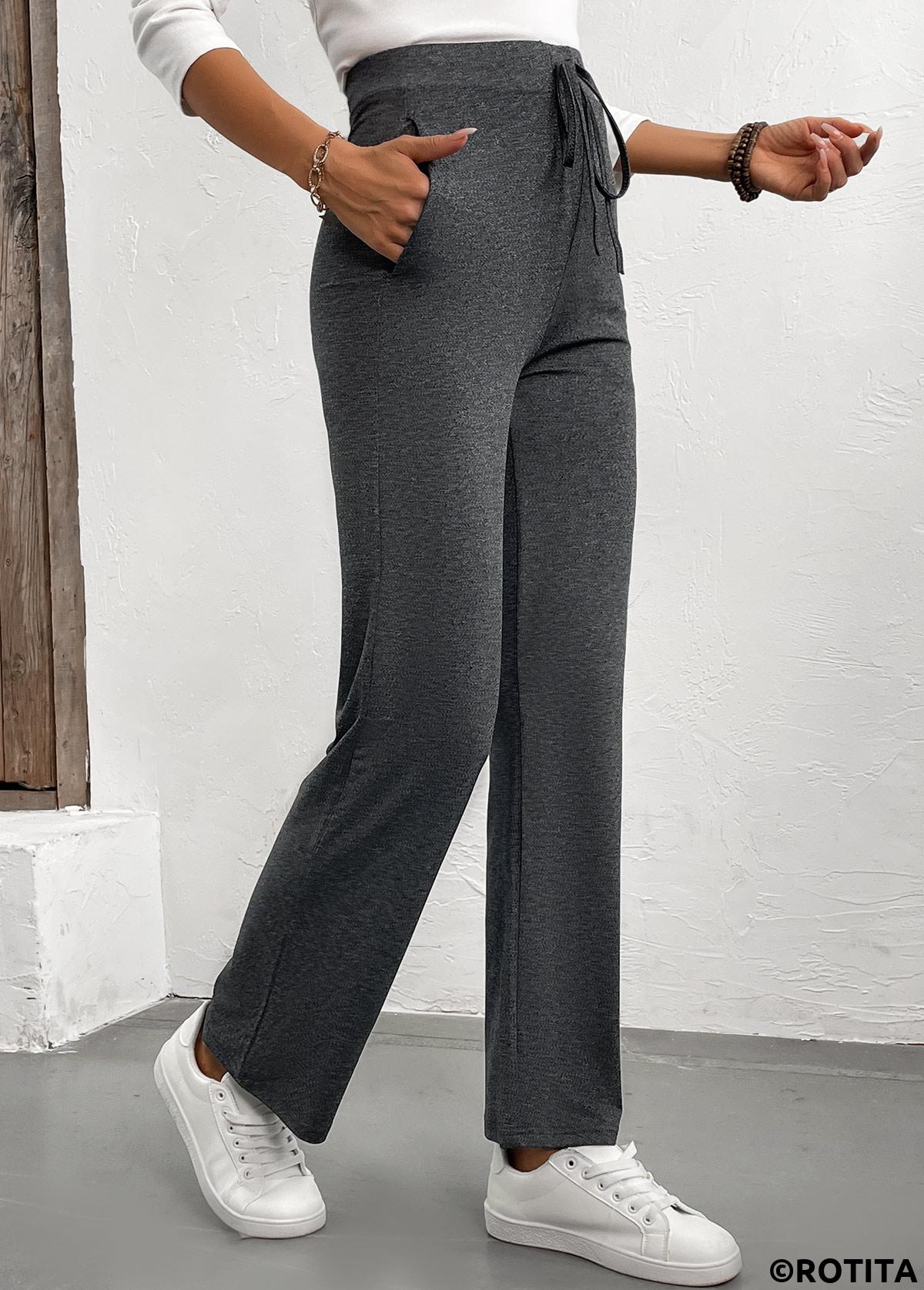 Grey bottoms,Plain Color bottoms,Drawstring Grey Drawastring High Waisted Pants
