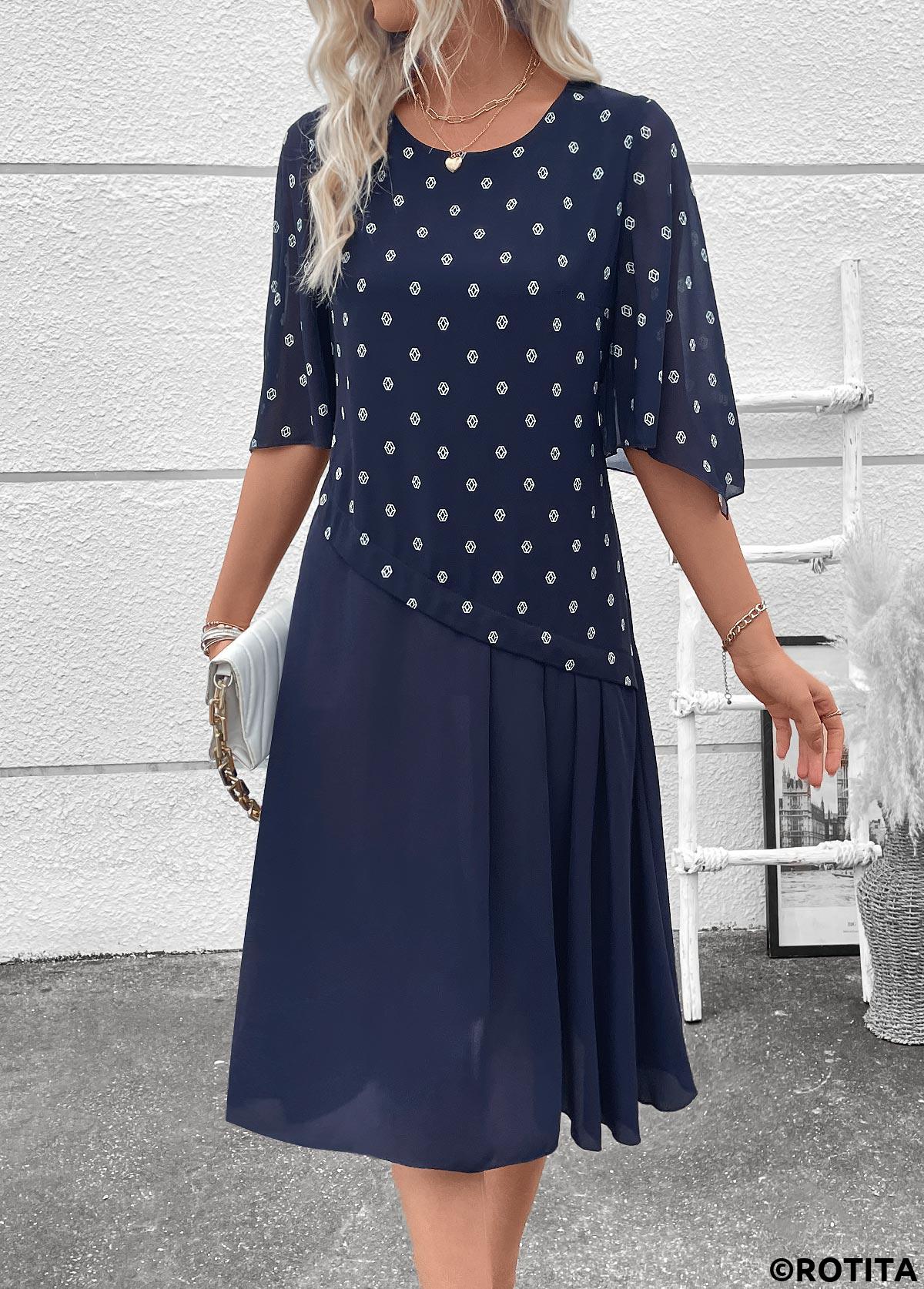 Navy dresses,Geometric dresses,Everyday dresses,Casual dresses,ROTITA Zipper Geometric Print Navy A Line Round Neck Dress