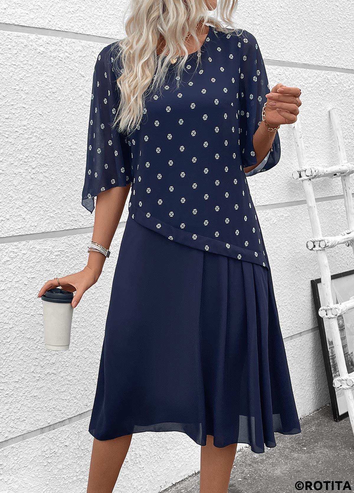 Navy dresses,Geometric dresses,Everyday dresses,Casual dresses,ROTITA Zipper Geometric Print Navy A Line Round Neck Dress