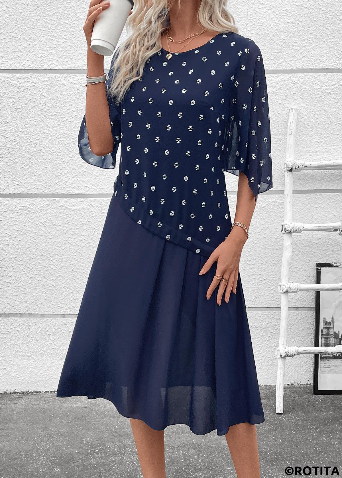 Navy dresses,Geometric dresses,Everyday dresses,Casual dresses,ROTITA Zipper Geometric Print Navy A Line Round Neck Dress