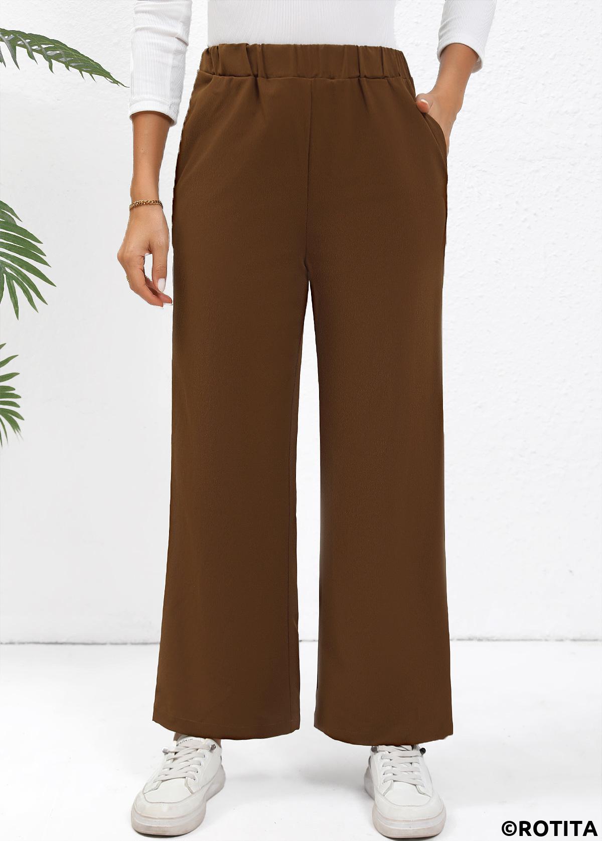 Dark Coffee bottoms,Plain Color bottoms,Elastic Waist High Waisted Dark Coffee Pants