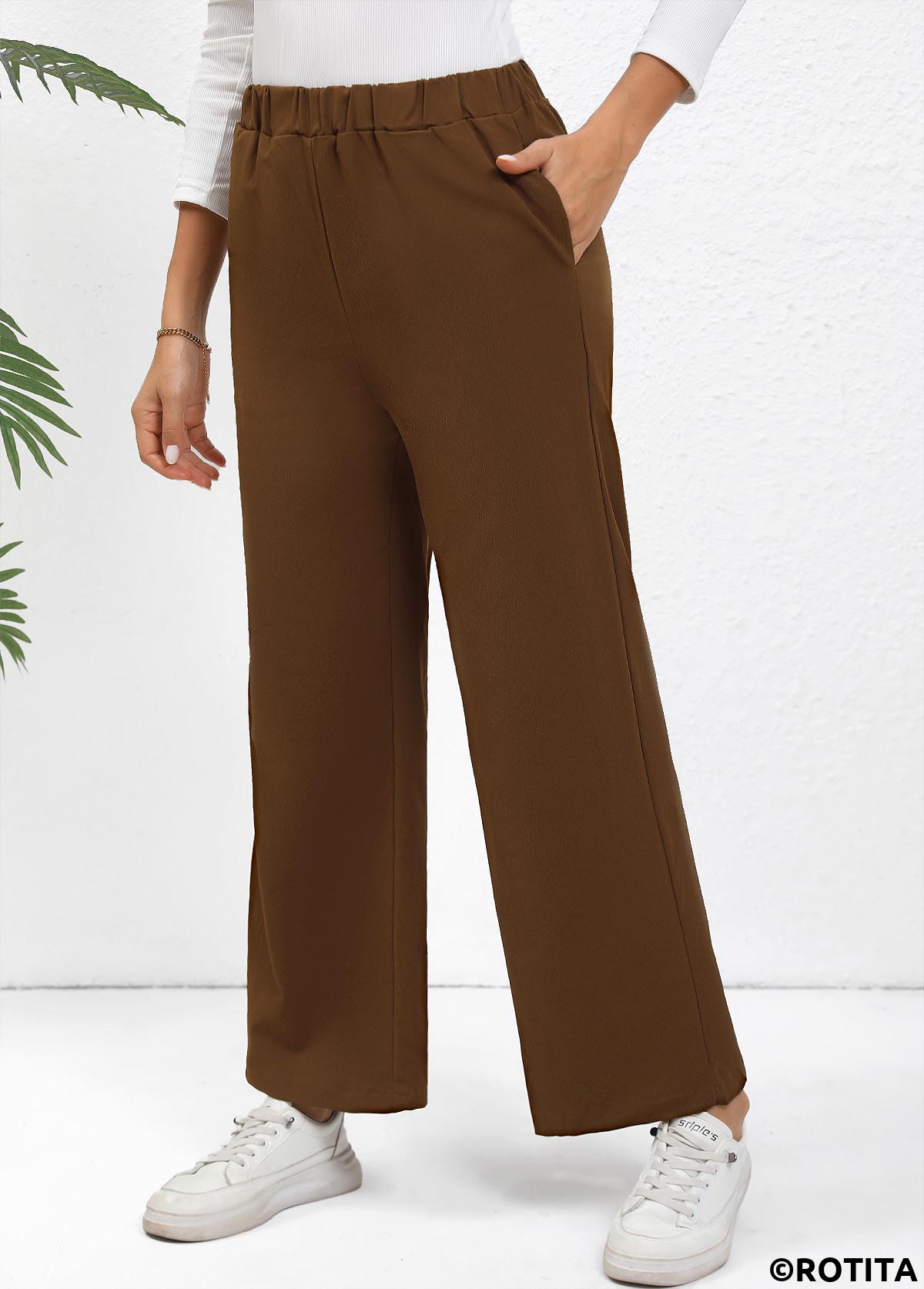 Dark Coffee bottoms,Plain Color bottoms,Elastic Waist High Waisted Dark Coffee Pants
