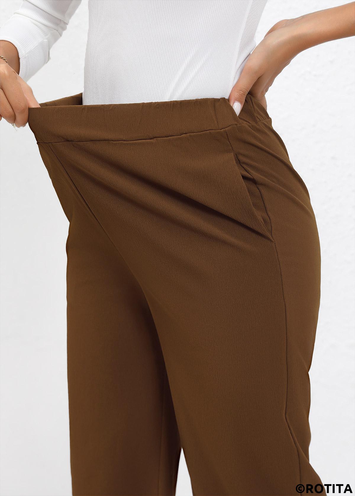 Dark Coffee bottoms,Plain Color bottoms,Elastic Waist High Waisted Dark Coffee Pants