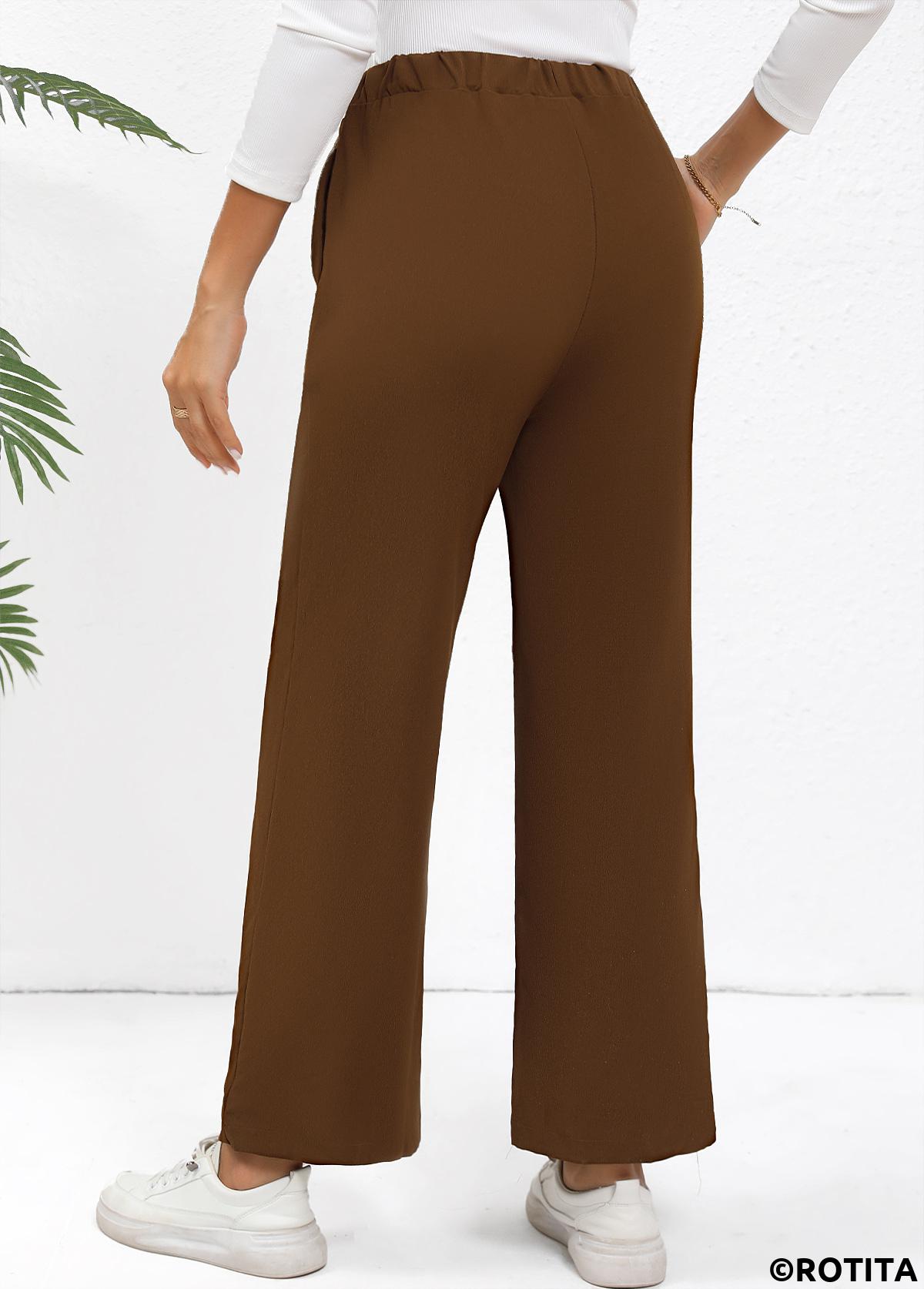 Dark Coffee bottoms,Plain Color bottoms,Elastic Waist High Waisted Dark Coffee Pants