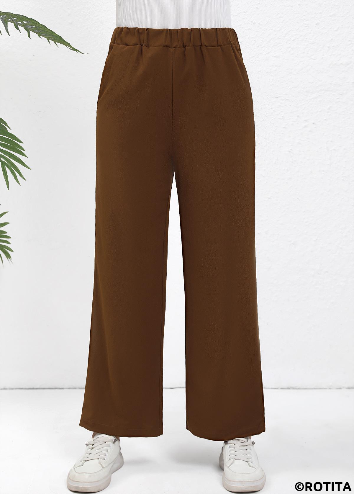 Dark Coffee bottoms,Plain Color bottoms,Elastic Waist High Waisted Dark Coffee Pants