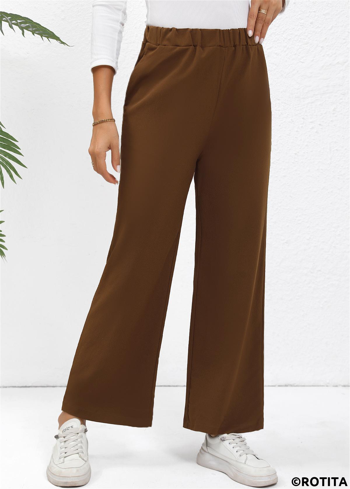 Dark Coffee bottoms,Plain Color bottoms,Elastic Waist High Waisted Dark Coffee Pants