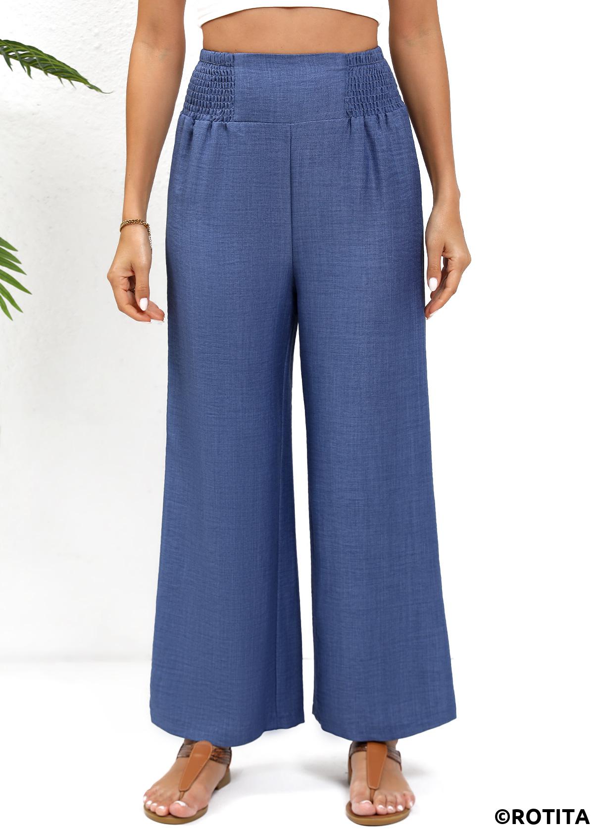 Blue bottoms,Plain Color bottoms,Smocked Blue Wide Leg Elastic Waist High Waisted Pants