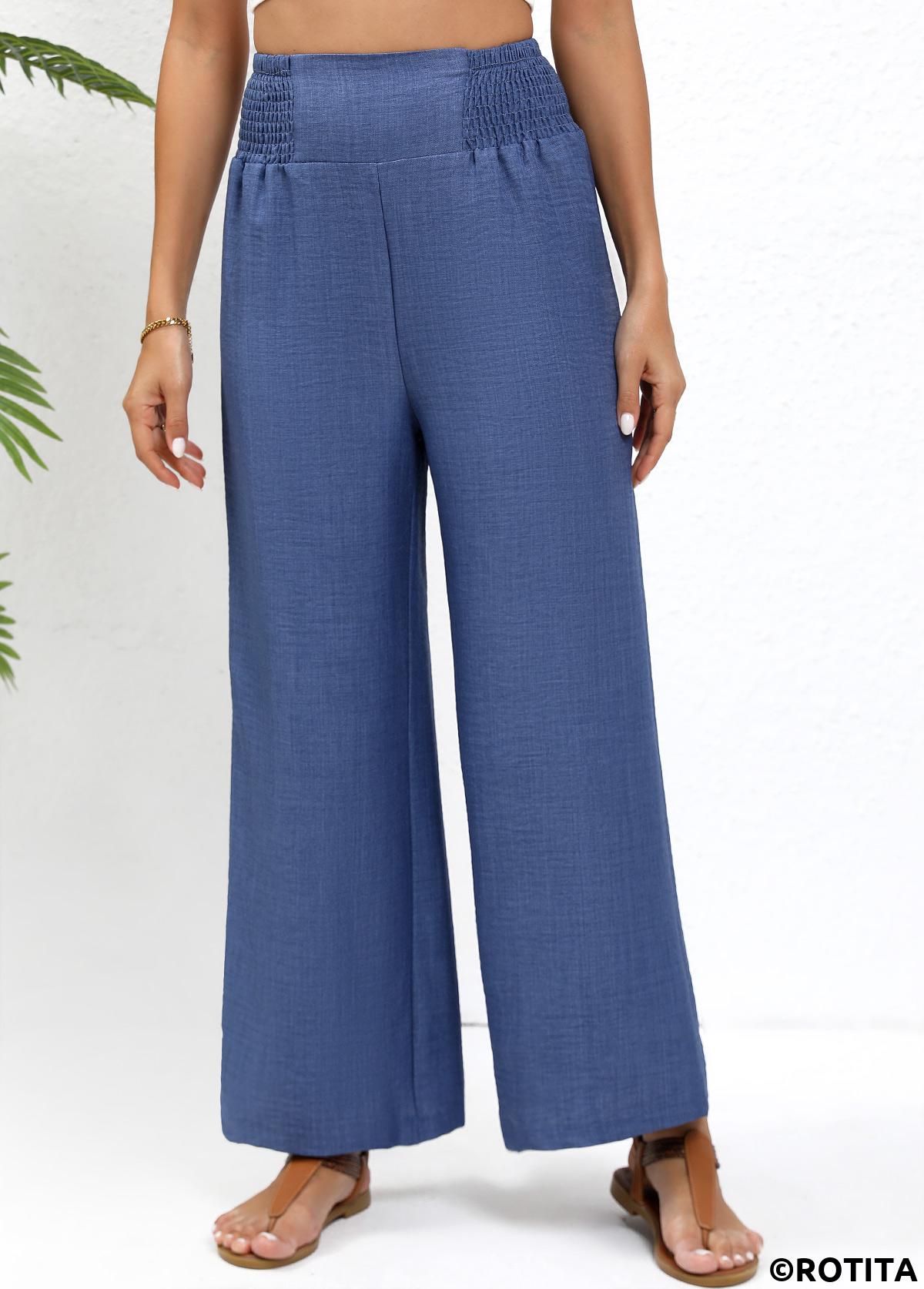 Blue bottoms,Plain Color bottoms,Smocked Blue Wide Leg Elastic Waist High Waisted Pants