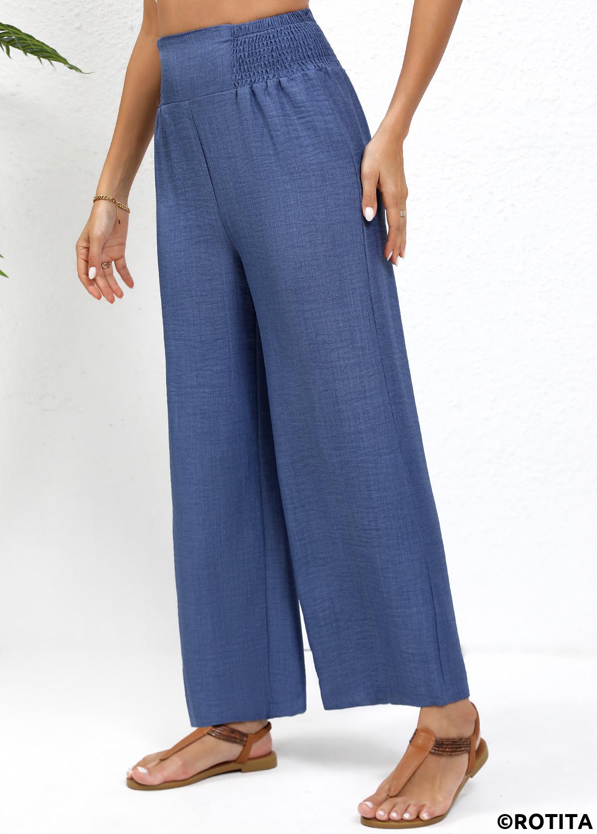 Blue bottoms,Plain Color bottoms,Smocked Blue Wide Leg Elastic Waist High Waisted Pants