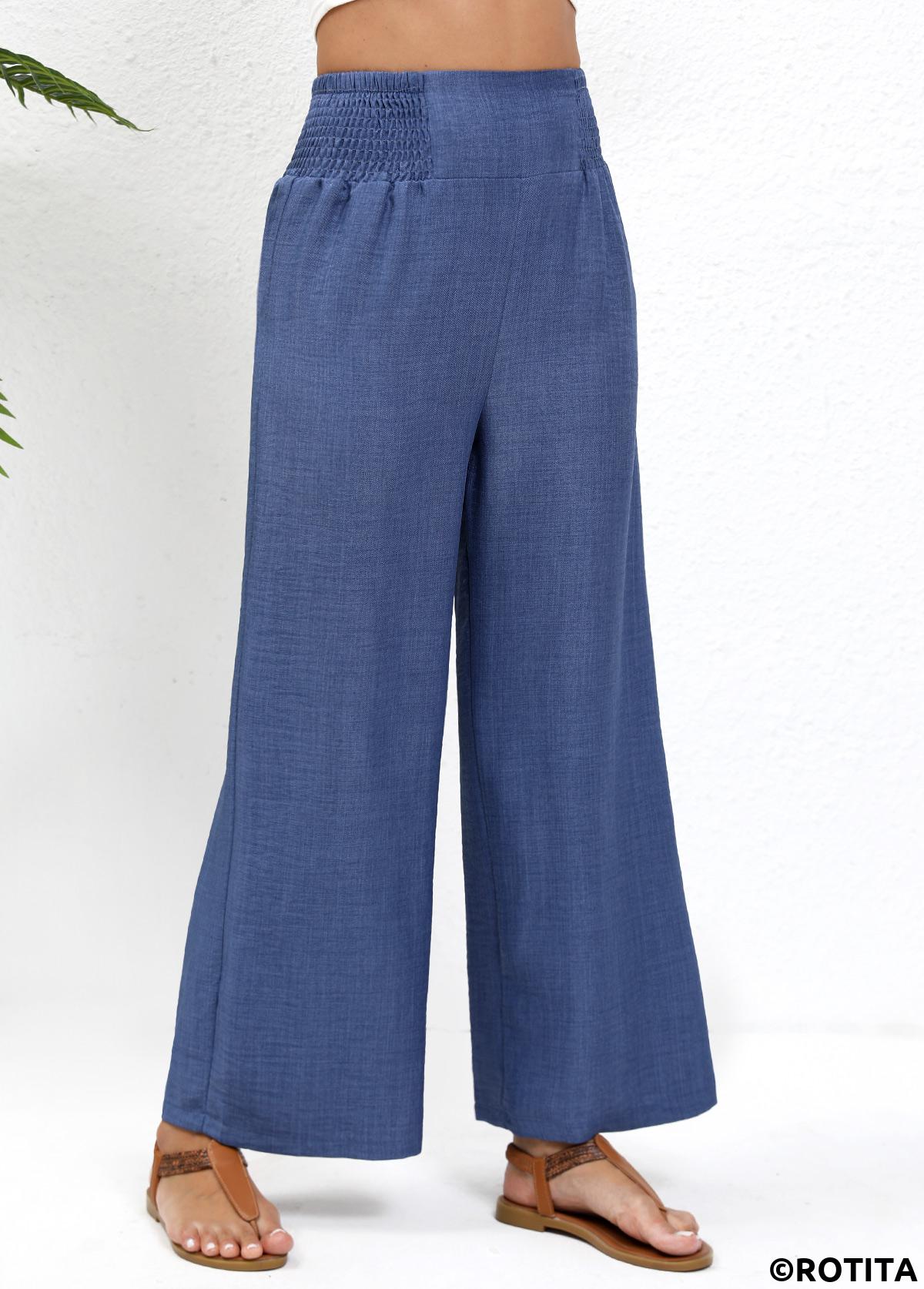 Blue bottoms,Plain Color bottoms,Smocked Blue Wide Leg Elastic Waist High Waisted Pants