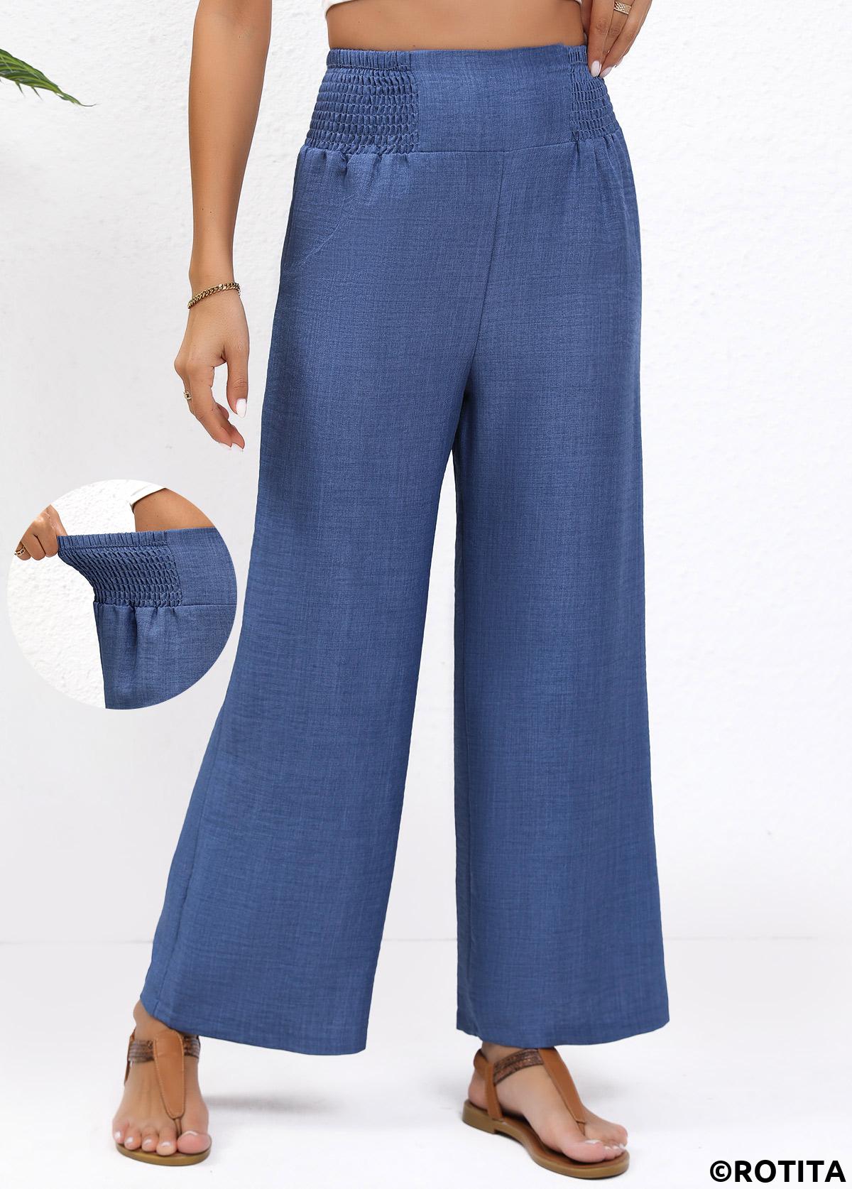 Blue bottoms,Plain Color bottoms,Smocked Blue Wide Leg Elastic Waist High Waisted Pants