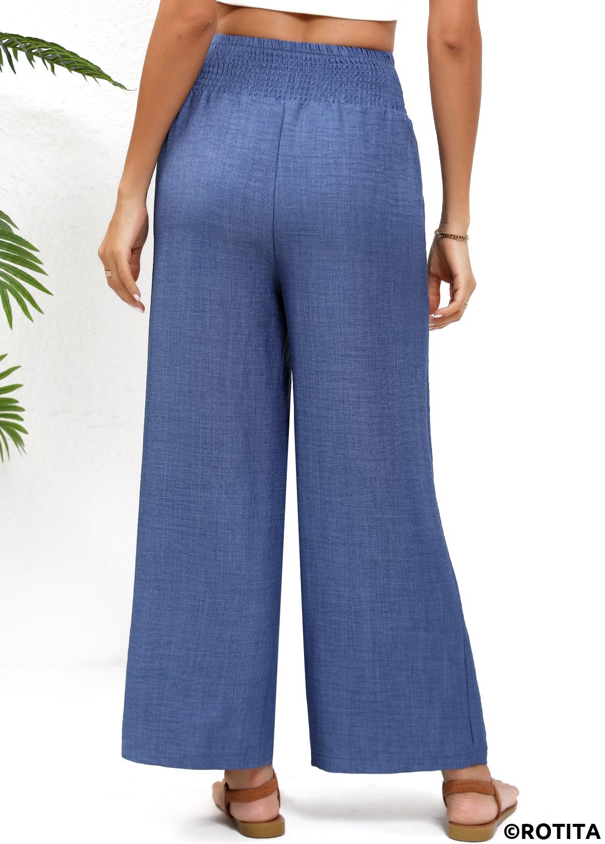 Blue bottoms,Plain Color bottoms,Smocked Blue Wide Leg Elastic Waist High Waisted Pants