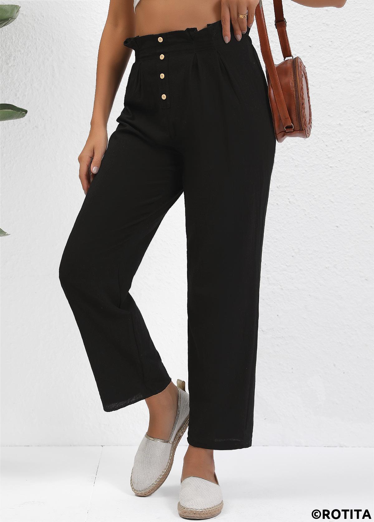 Black bottoms,Plain Color bottoms,ROTITA Button Black Straight Leg Elastic Waist High Waisted Pants