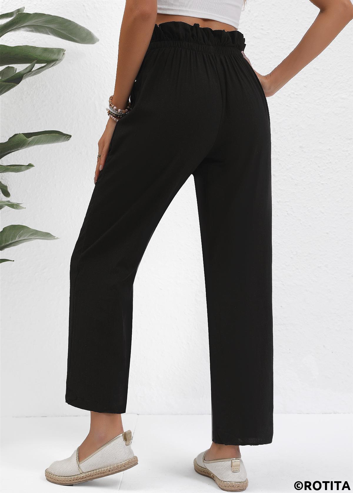 Black bottoms,Plain Color bottoms,ROTITA Button Black Straight Leg Elastic Waist High Waisted Pants
