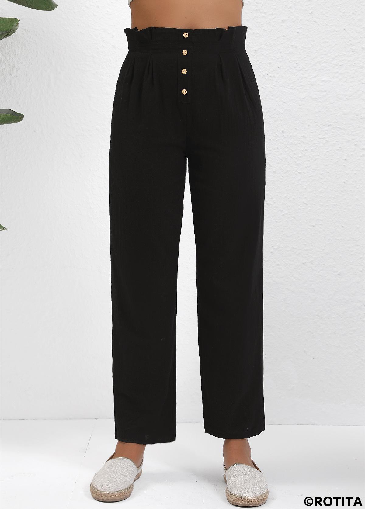 Black bottoms,Plain Color bottoms,ROTITA Button Black Straight Leg Elastic Waist High Waisted Pants