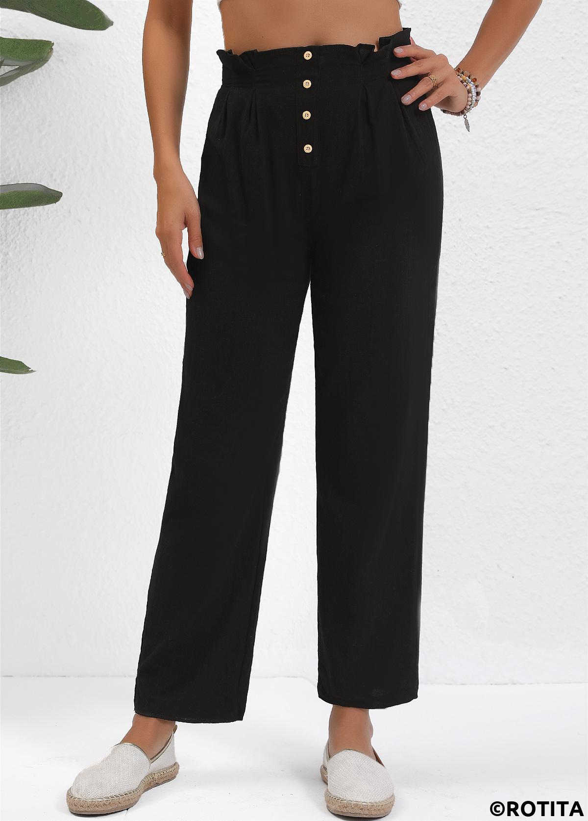 Black bottoms,Plain Color bottoms,ROTITA Button Black Straight Leg Elastic Waist High Waisted Pants