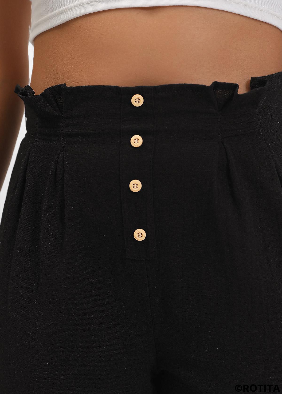 Black bottoms,Plain Color bottoms,ROTITA Button Black Straight Leg Elastic Waist High Waisted Pants
