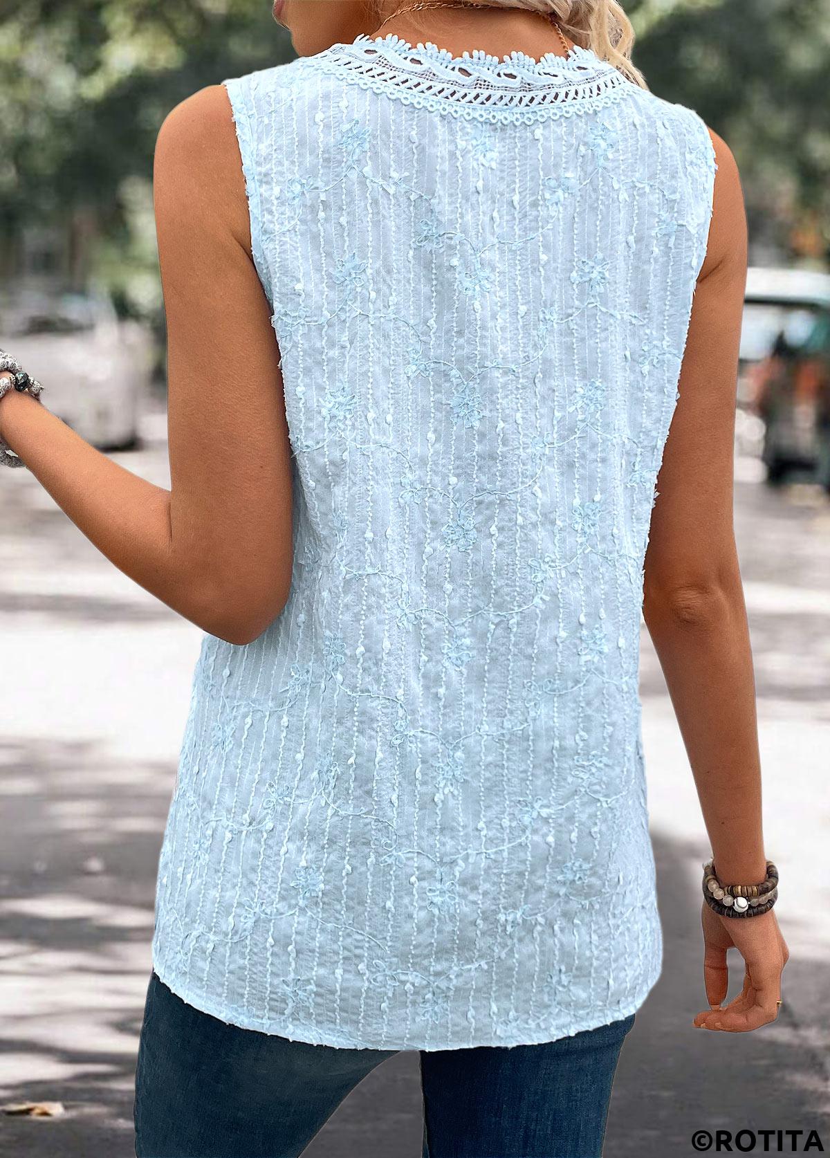 débardeur sans manches à col en V bleu clair avec broderie Rotita