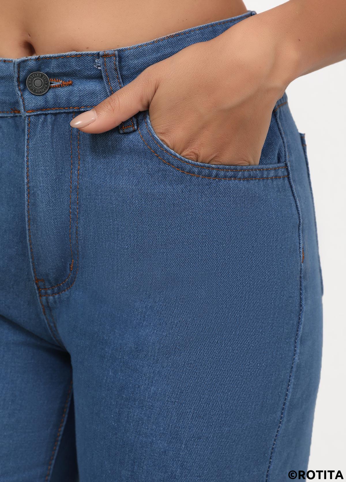 Denim Blue bottoms,Plain Color bottoms,Button Denim Blue Straight Leg High Waisted Pants