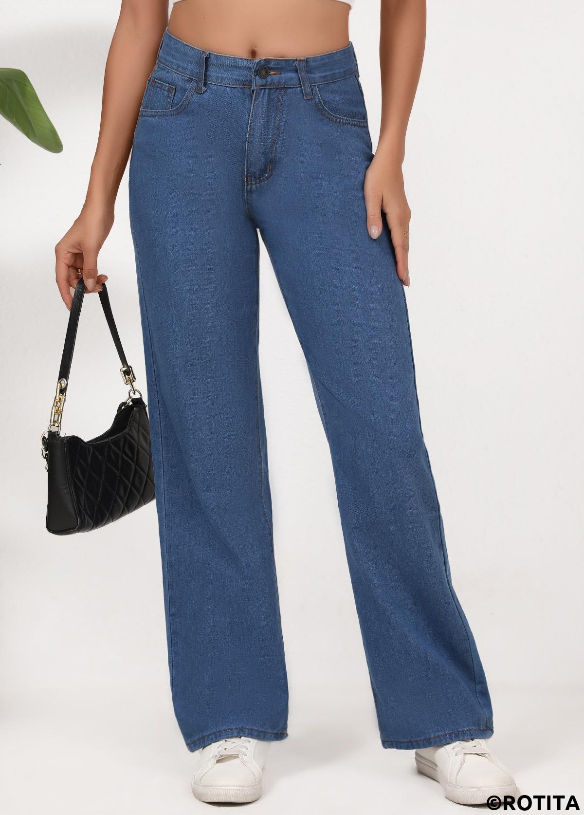 Denim Blue bottoms,Plain Color bottoms,Button Denim Blue Straight Leg High Waisted Pants
