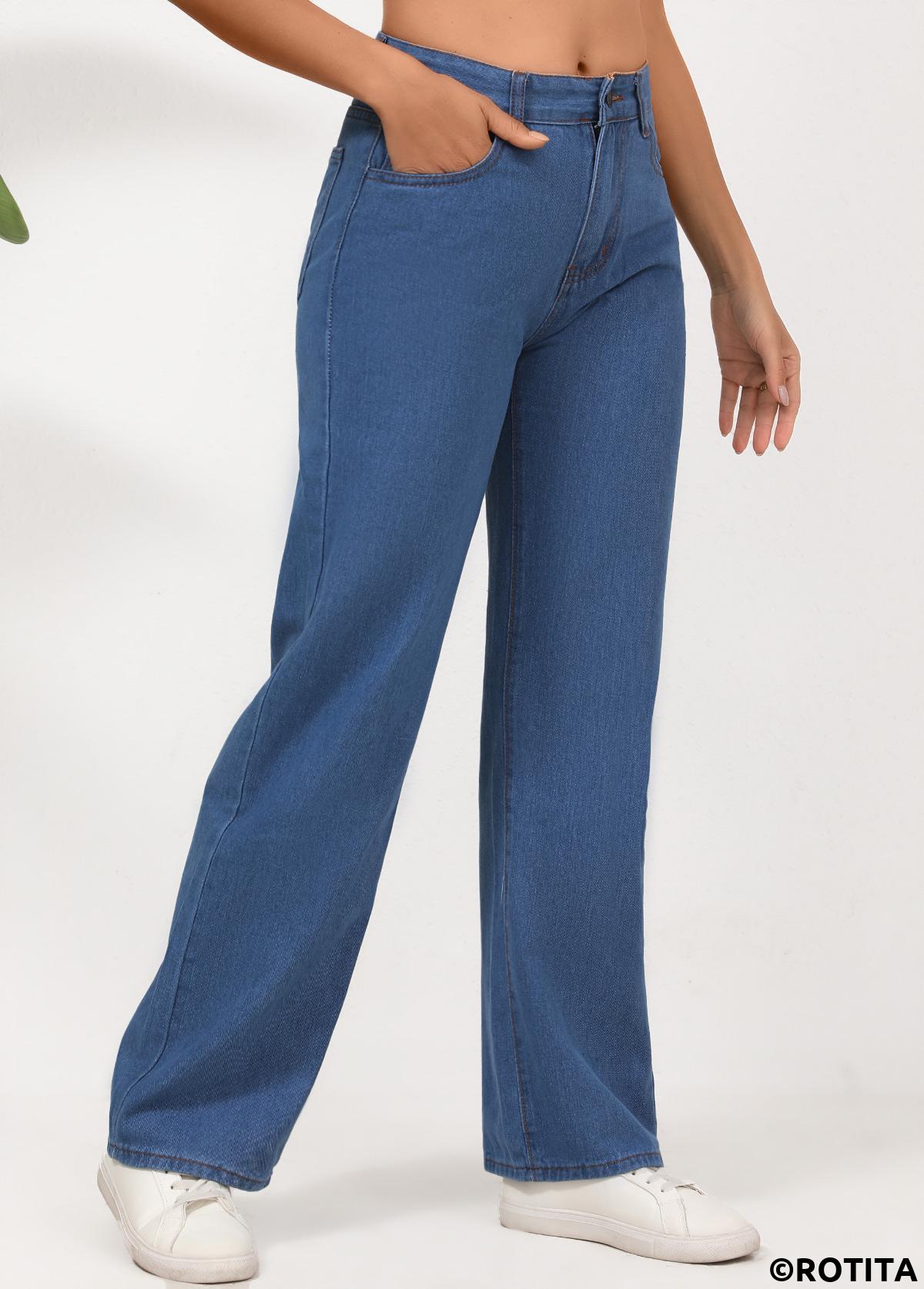 Denim Blue bottoms,Plain Color bottoms,Button Denim Blue Straight Leg High Waisted Pants