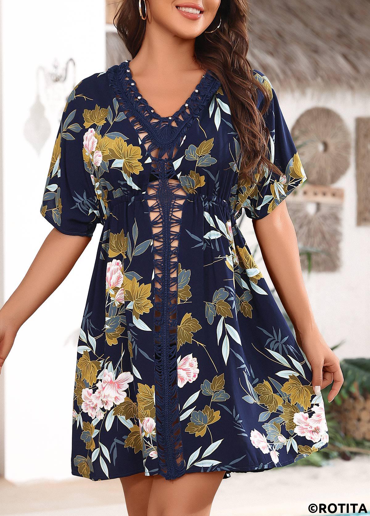 Navy swimwear,Plants swimwear,Floral swimwear,Patchwork Navy Random Floral Print Cover Up