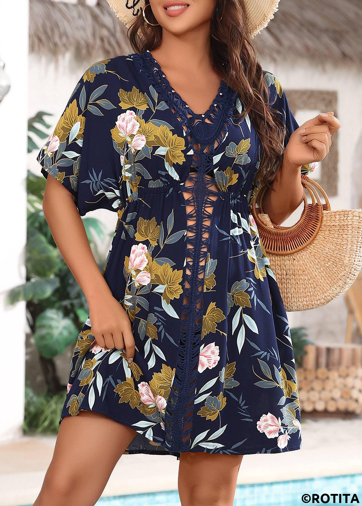 Navy swimwear,Plants swimwear,Floral swimwear,Patchwork Navy Random Floral Print Cover Up