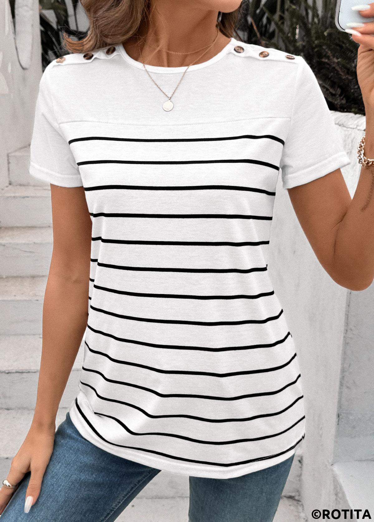 White tops,Striped tops,Geometric tops,ROTITA Button Striped White Round Neck Short Sleeve T Shirt